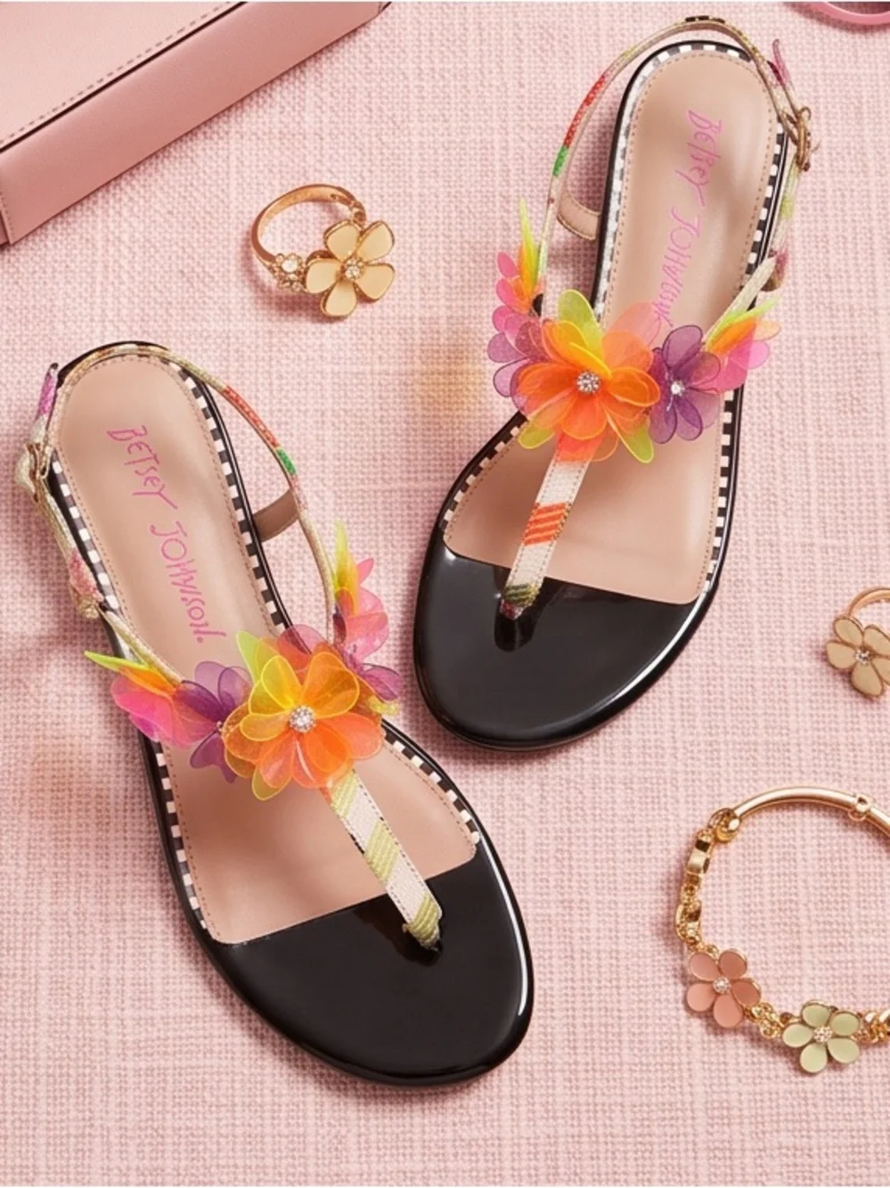 Betsey Johnson Hensly Neon Jelly Flower T-Strap Sandals Black Patent size 8